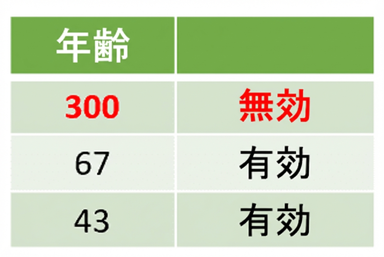 年齢の表。最初の行が300で、無効としてフラグ付け。
