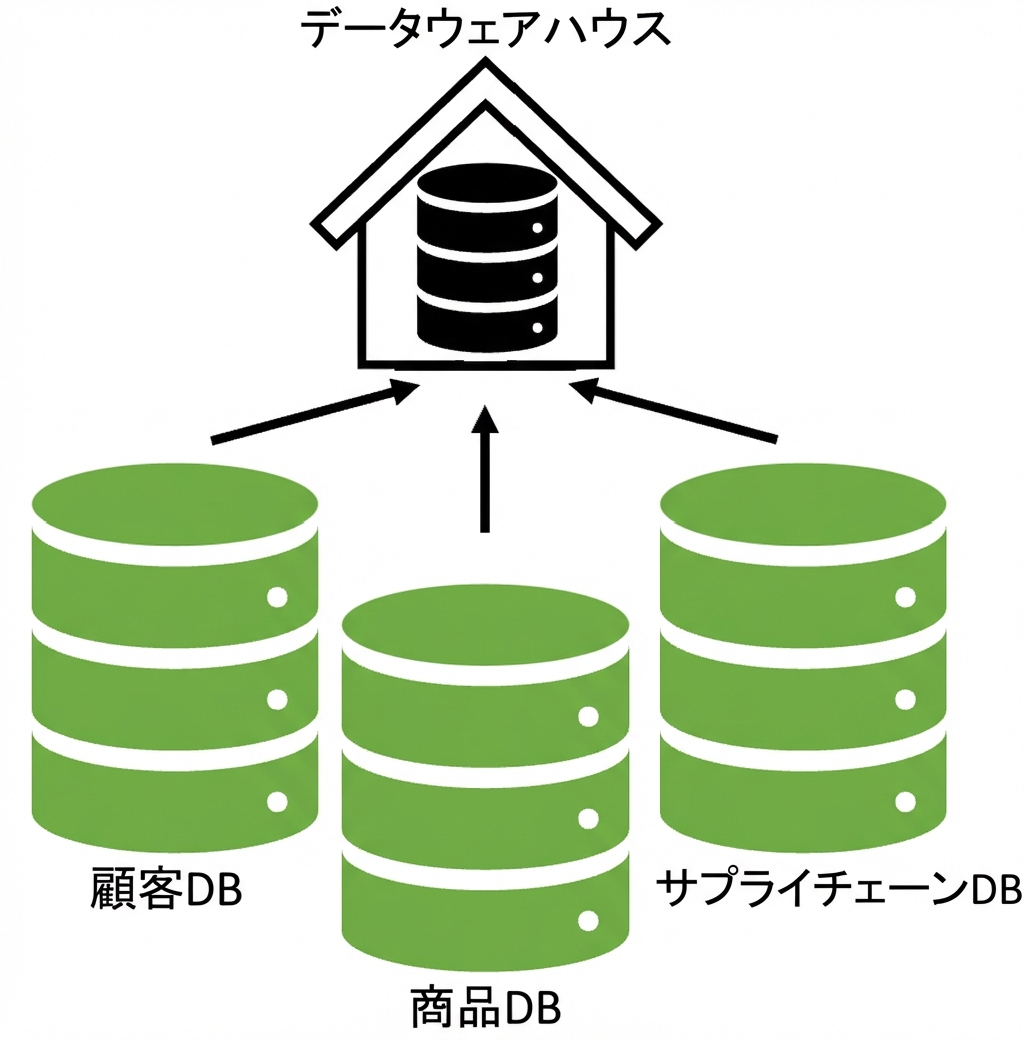 3つのデータベーステーブルからデータウェアハウスへの供給