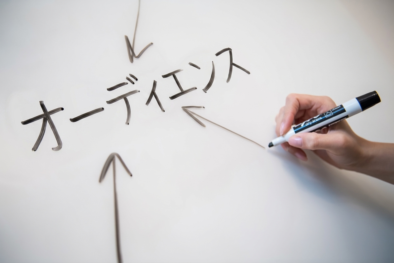 ホワイトボードに矢印で指し示された「オーディエンス」という単語が書かれている