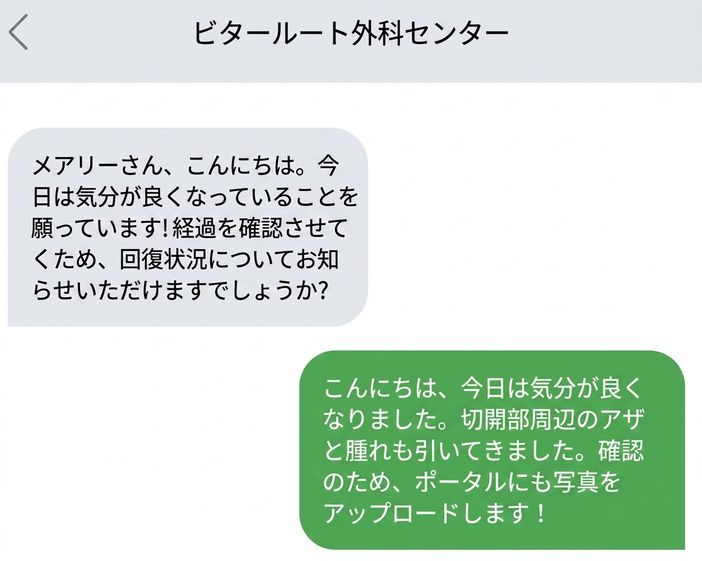 テキストメッセージのやり取りを示す図で、必要な情報のみを明確に伝えている
