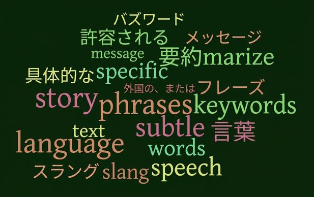 ナレーターが話した言葉をさまざまな色で示したワードクラウドとスライド