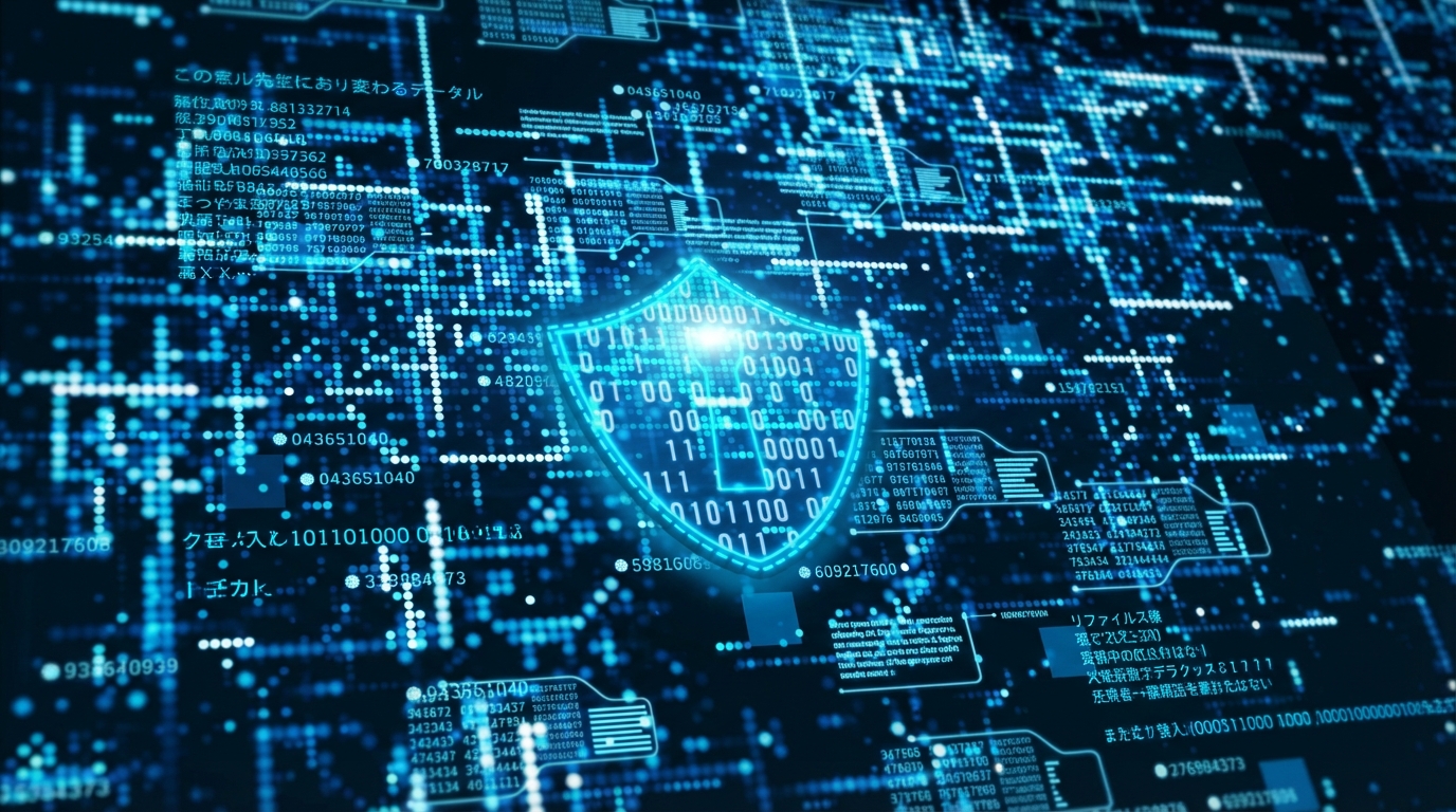 データ設計図を表すセキュアなデジタル技術の抽象イメージ