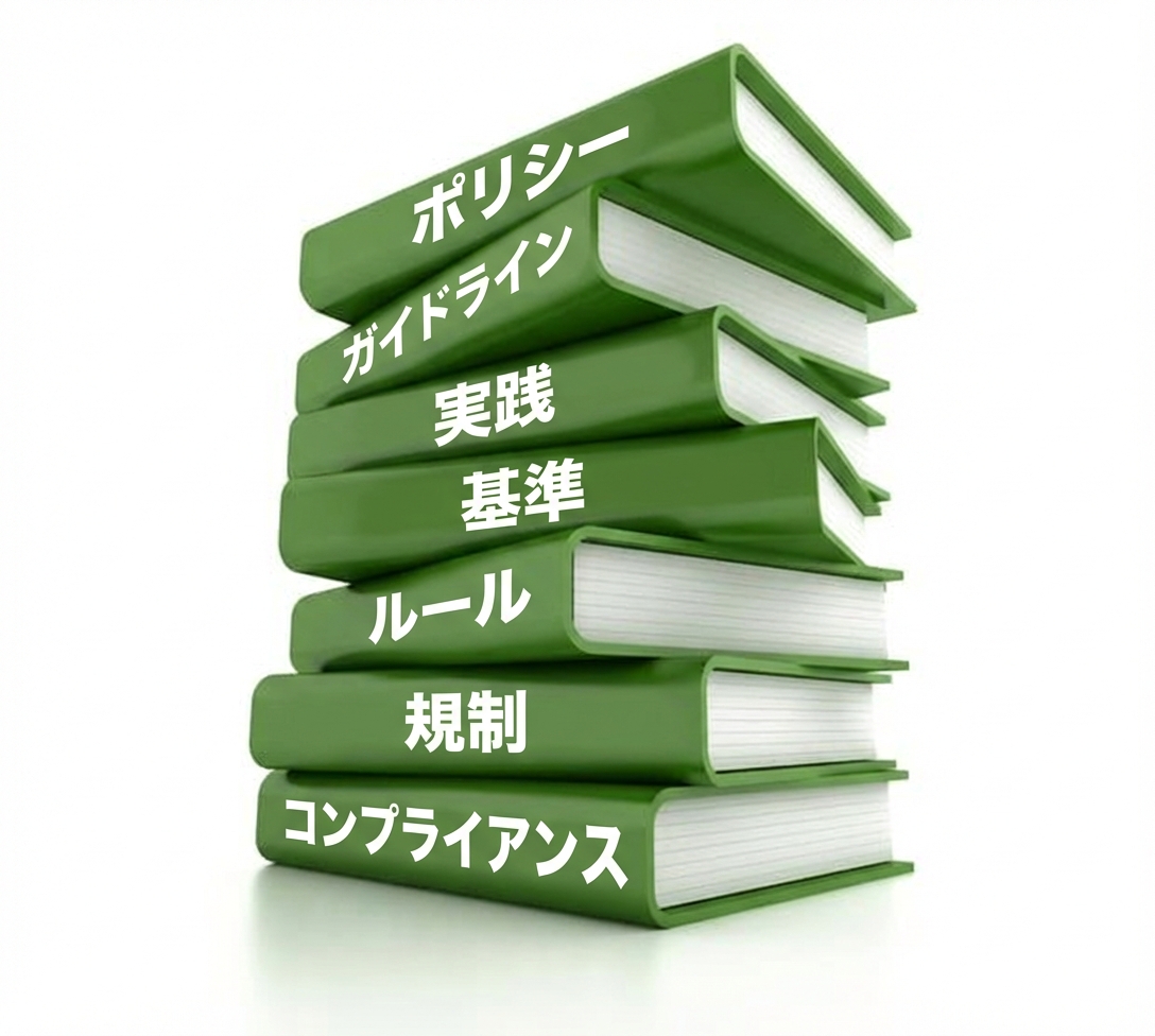 「ポリシー」「標準」と書かれた本を含む緑の本の積み重ね