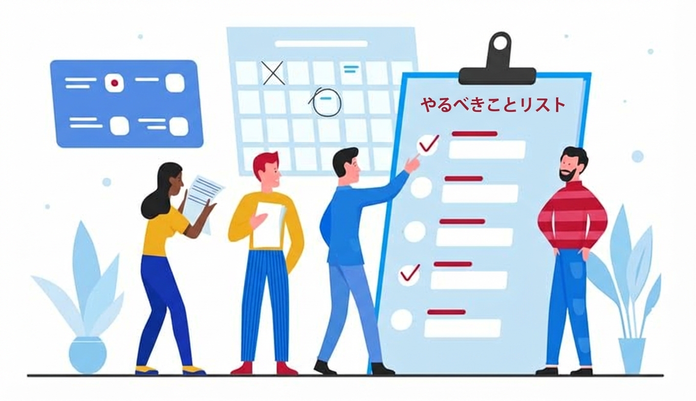 チェックリストの横に立つビジネスパーソンのイラスト