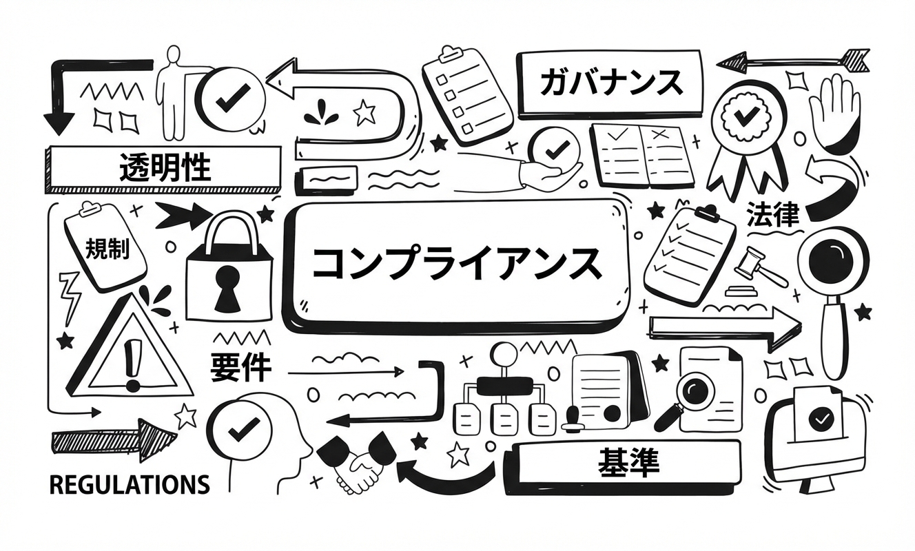 「ガバナンス」「要件」「規制」などに囲まれた「コンプライアンス」の語を示す画像