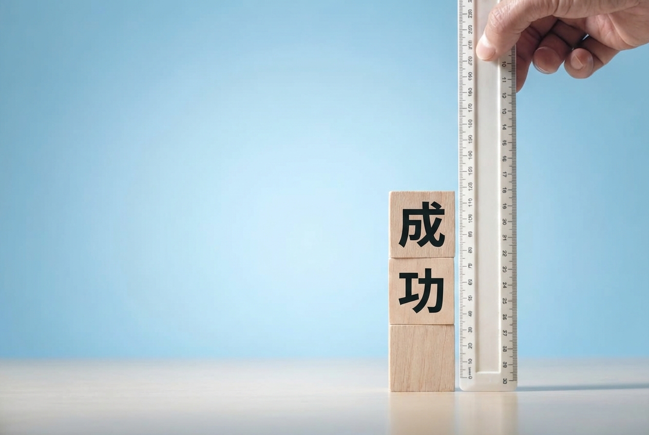 進捗の測定を示す、「成功」と書かれたブロックに定規を当てる画像