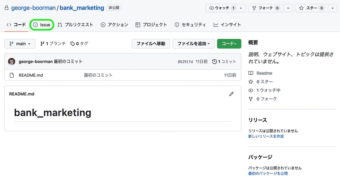 George Boorman が所有する銀行マーケティング用プライベートリポジトリのメインビューのスクリーンショットで、Issues タブが強調表示されている