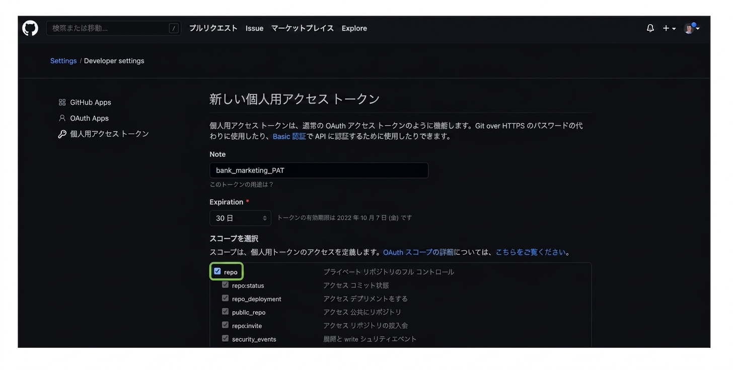 リポジトリアクセスのチェックボックスを選択する