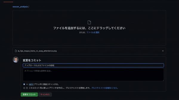 コミットメッセージ「ラ・リーガの観客動員数プロットを追加」を追加してコミットする様子を示す動画