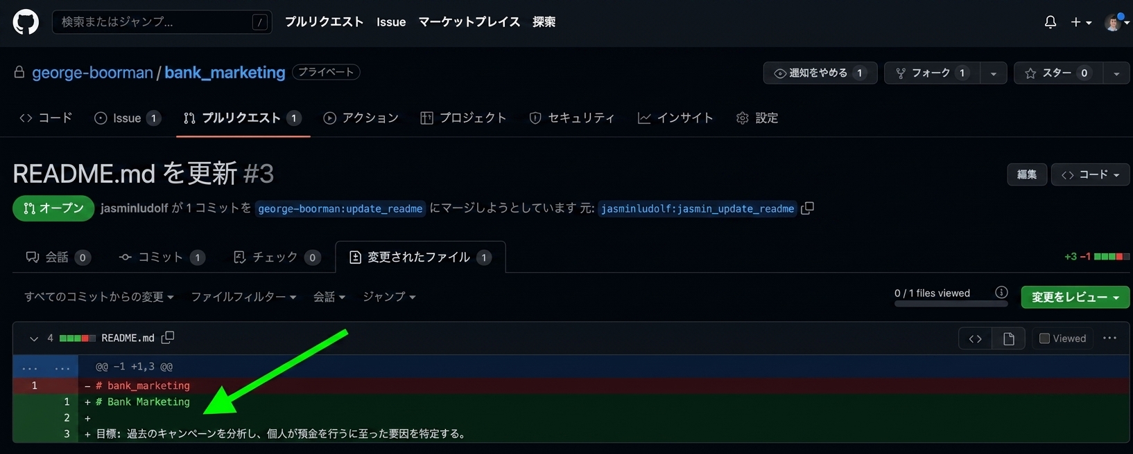 PR の変更されたファイルタブのオーナービューで、緑色のハイライトが強調表示されている