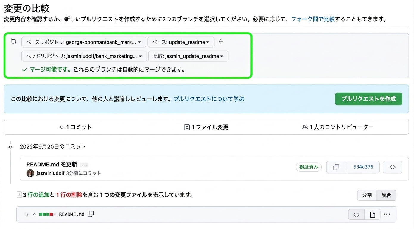 ベースブランチと比較ブランチの変更を比較するビュー
