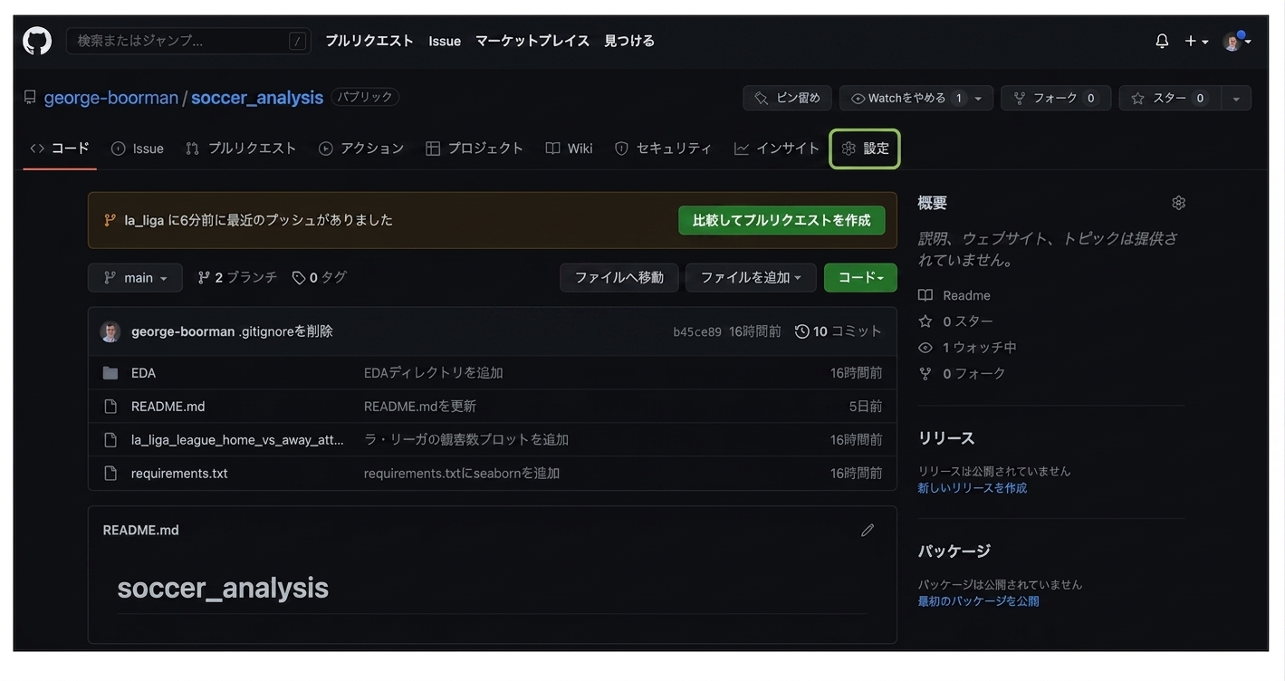 リポジトリの設定セクションが強調表示されています