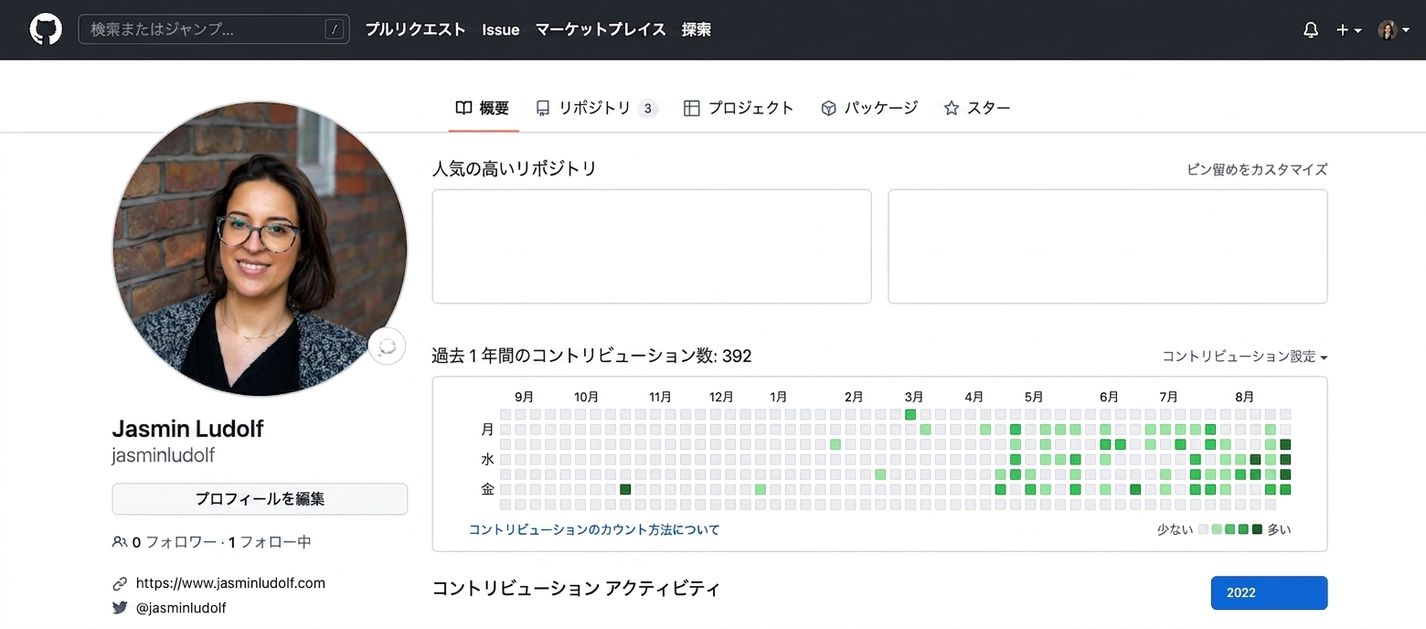 GitHubプロフィールのスクリーンショット
