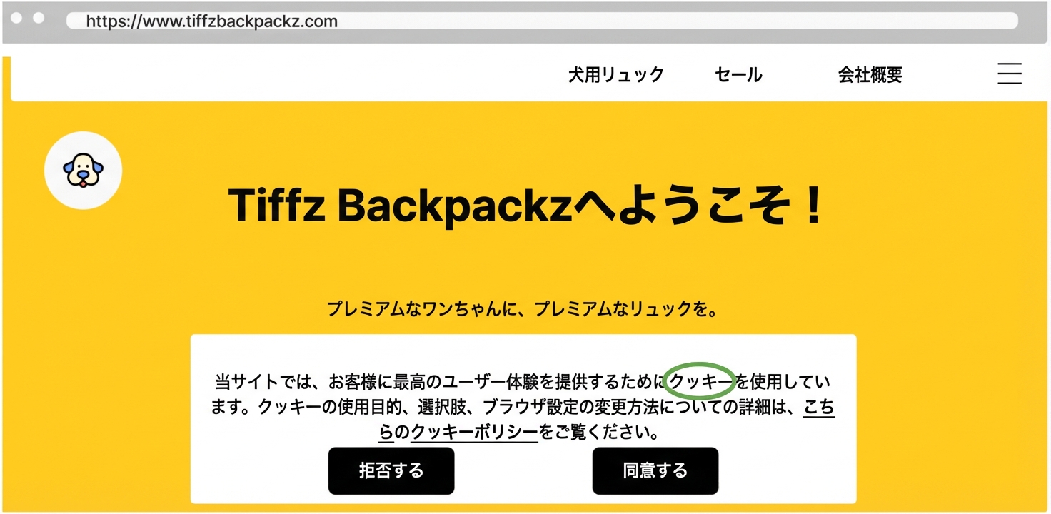 Tiffz Backpackzのランディングページのクッキー