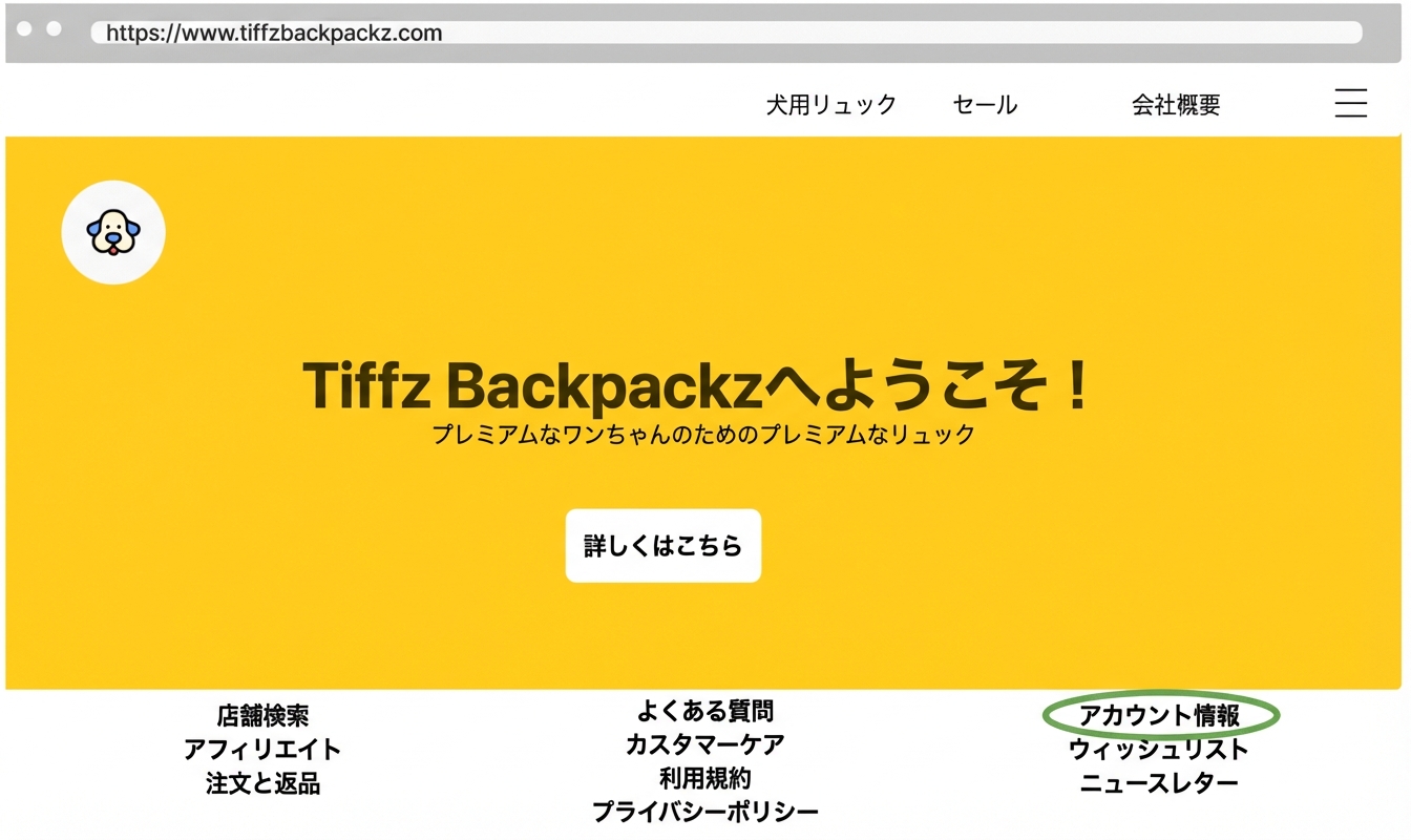 Tiffz Backpackzのランディングページのアカウント情報