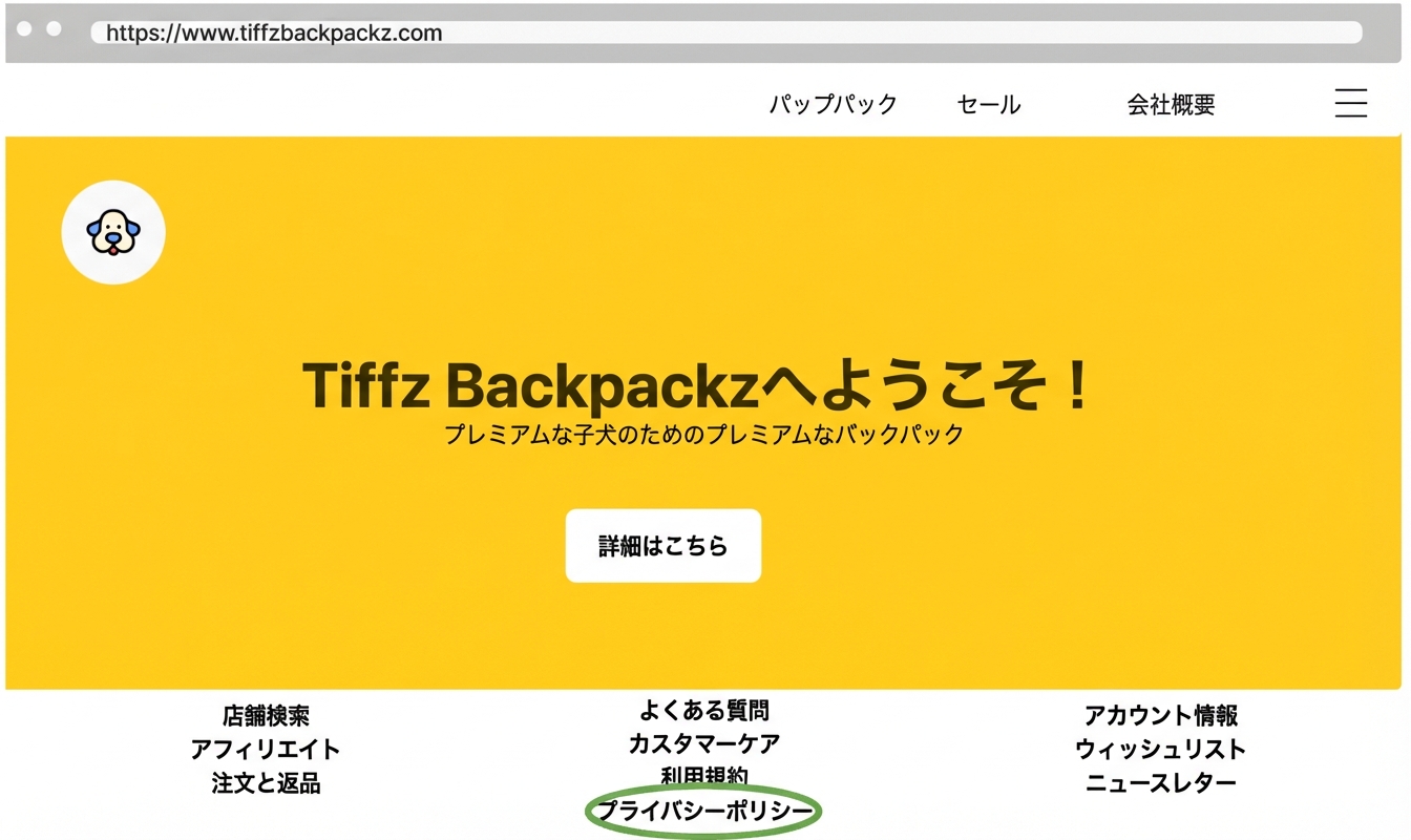 Tiffz Backpackzのランディングページのプライバシーポリシー
