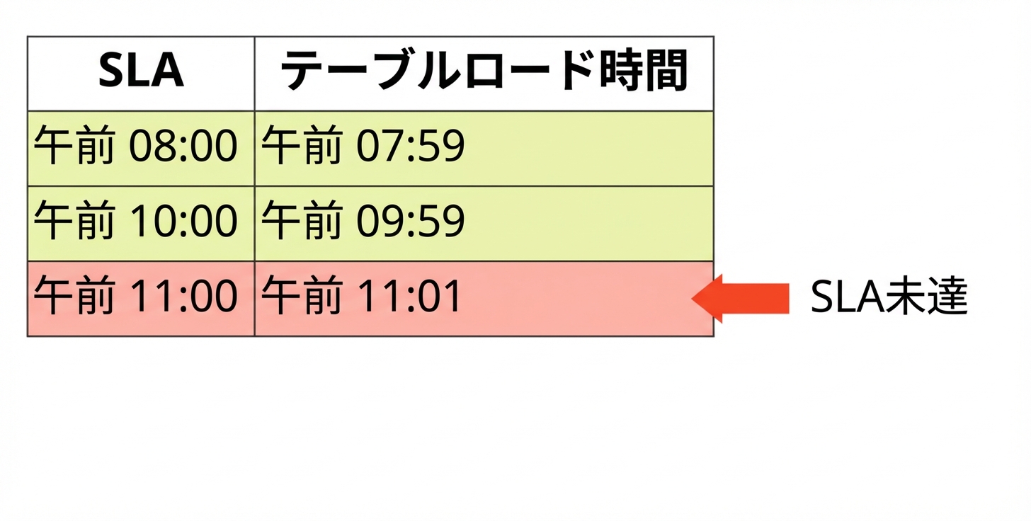 SLAとテーブル読込時刻を示す適時性の例の表