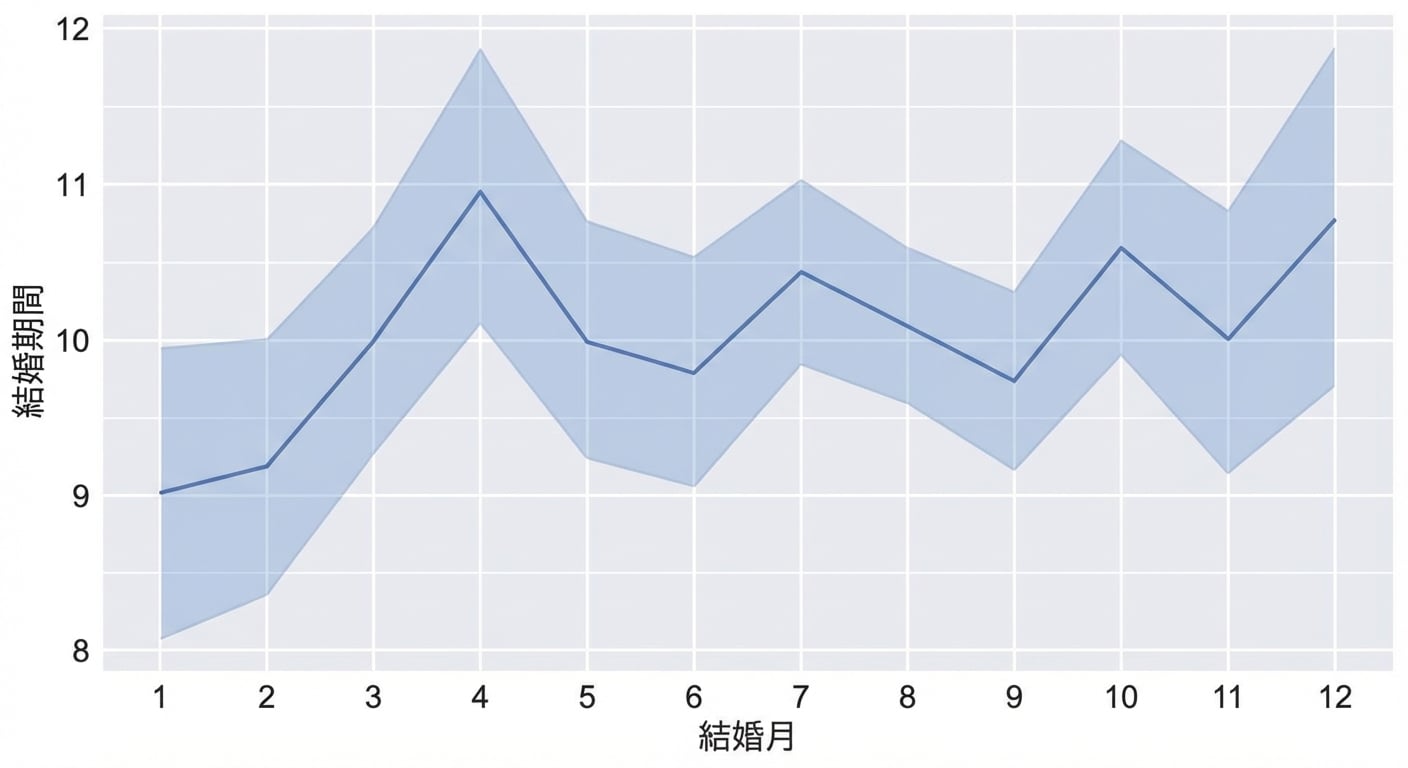 結婚月と結婚期間の関係を示す折れ線グラフ