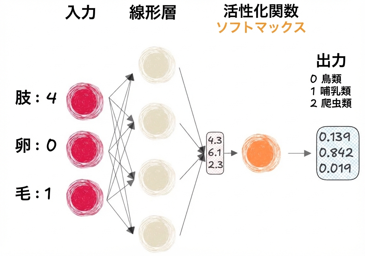 入力、線形層のベクトル出力、softmax活性化、出力を示す図