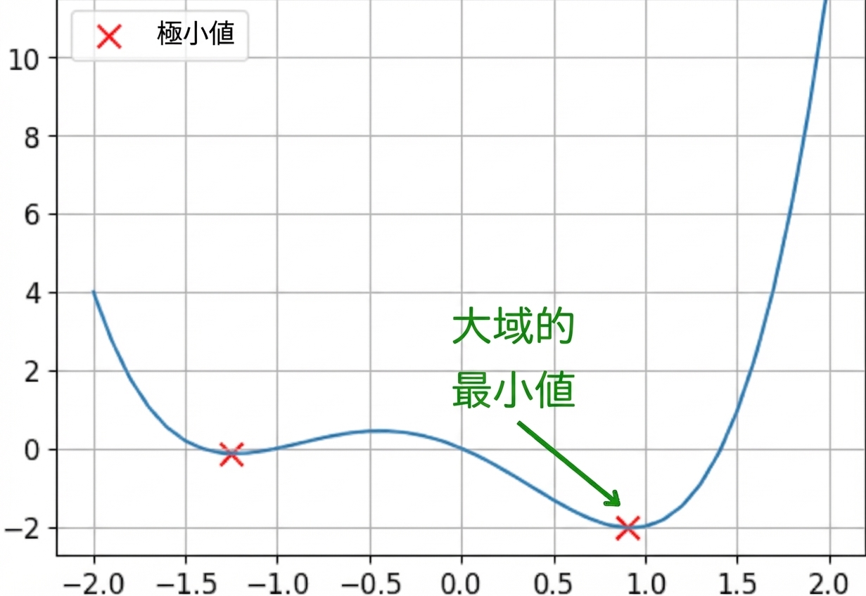 大域的最小値を示した非凸関数の例