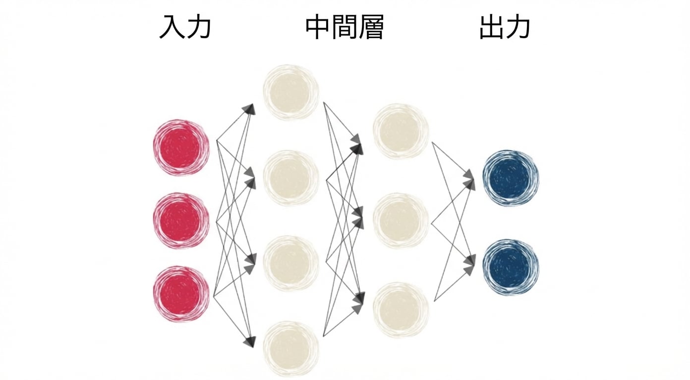 入力・中間・出力を持つニューラルネットワーク図