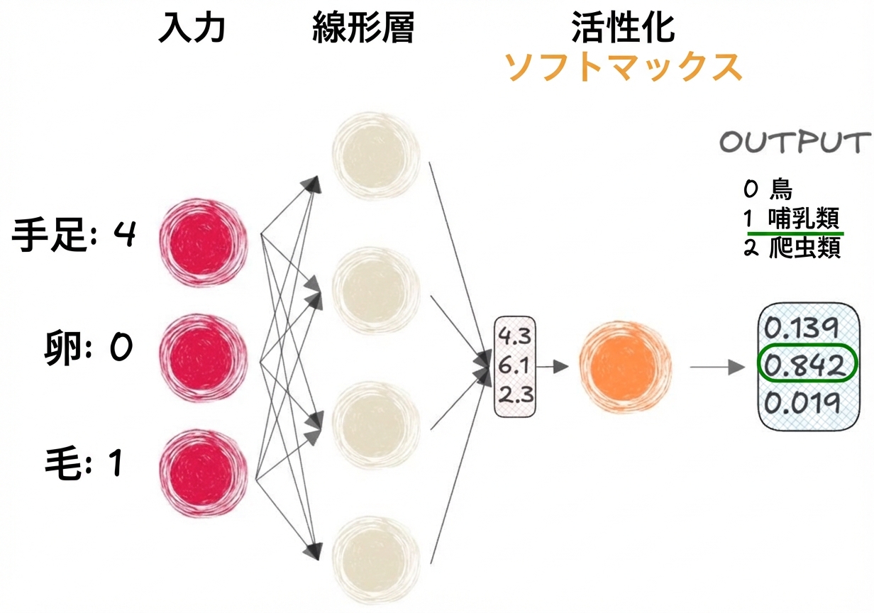 入力、線形層のベクトル出力、softmax活性化、出力を示す図