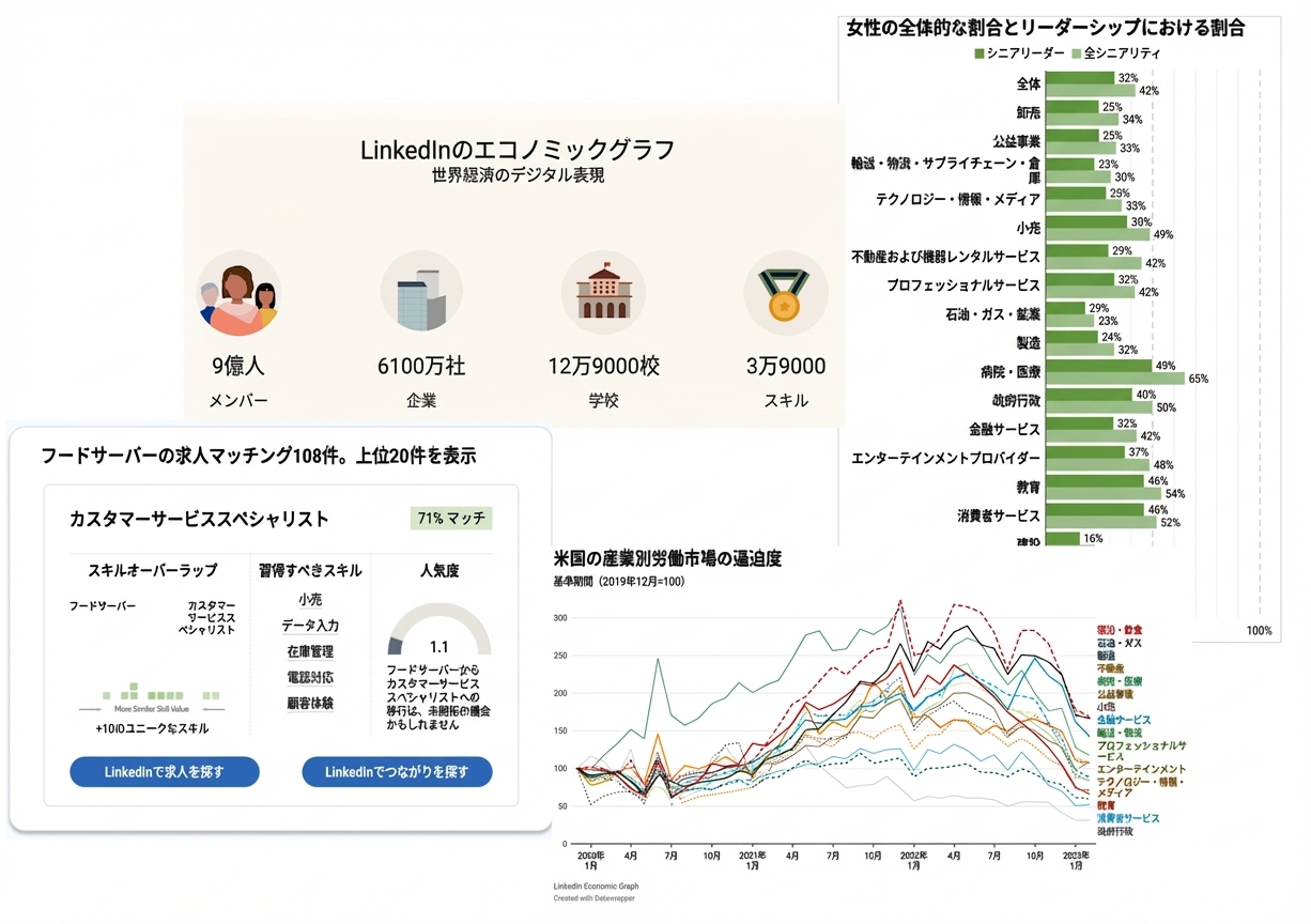 LinkedInのEconomic Graphプロジェクトの各機能のコラージュ。