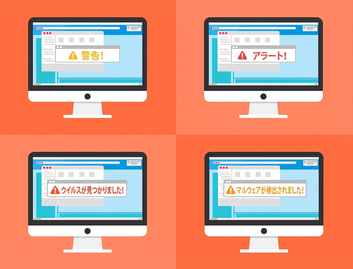 警告・アラート・ウイルス検出・マルウェア検出が表示された4台のPCによる侵害のイラスト。