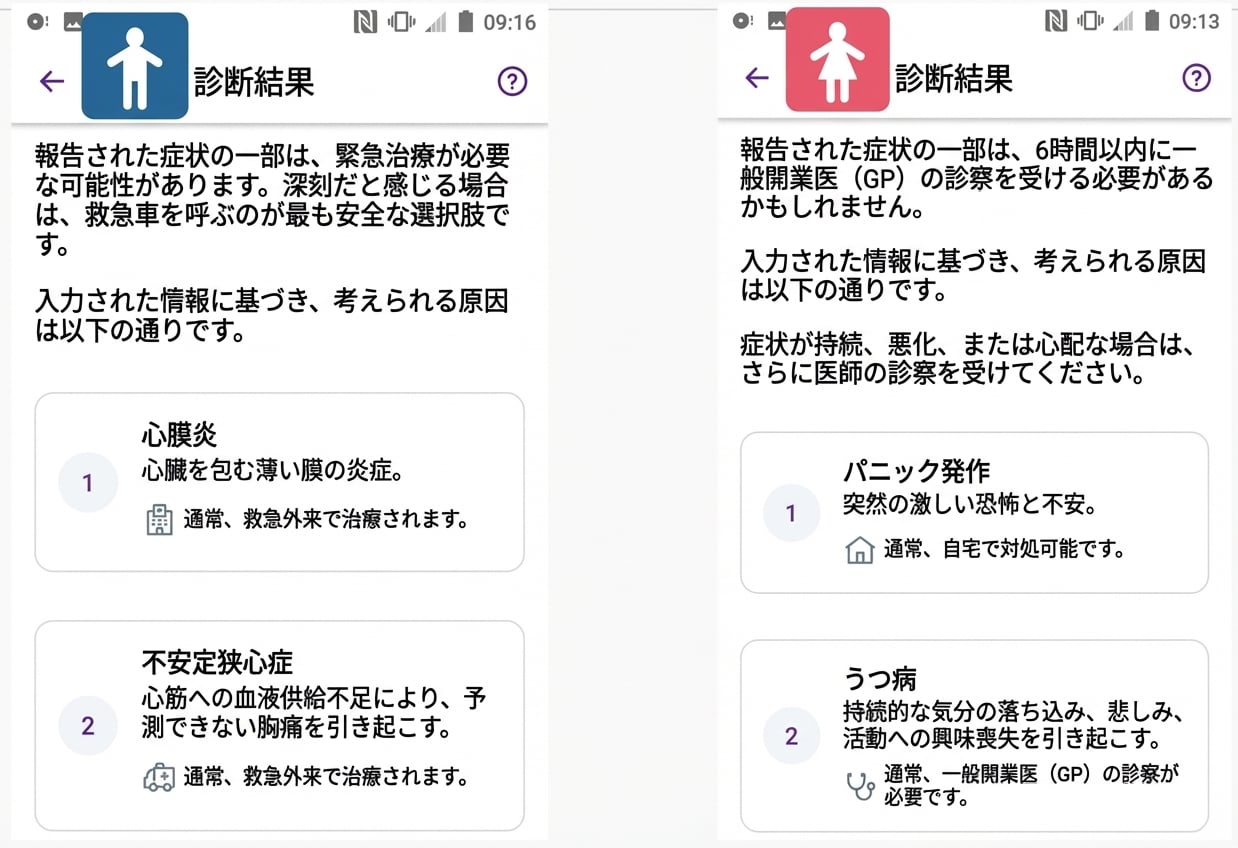 男性と女性の心筋梗塞症状に対する医療アプリ診断のスクリーンショット