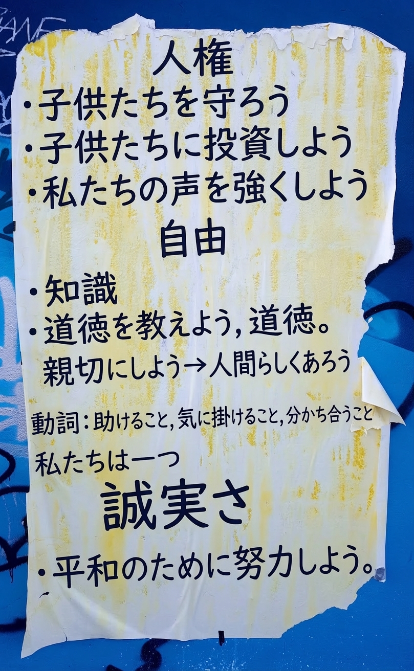 倫理的宣言が書かれた破れたポスターの壁の写真。