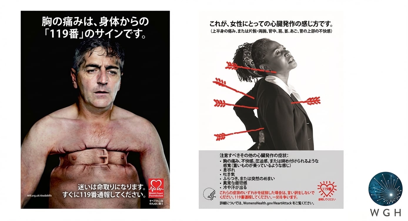 男性は胸の圧迫、女性は背中の痛みといった心筋梗塞症状の違いのイラスト