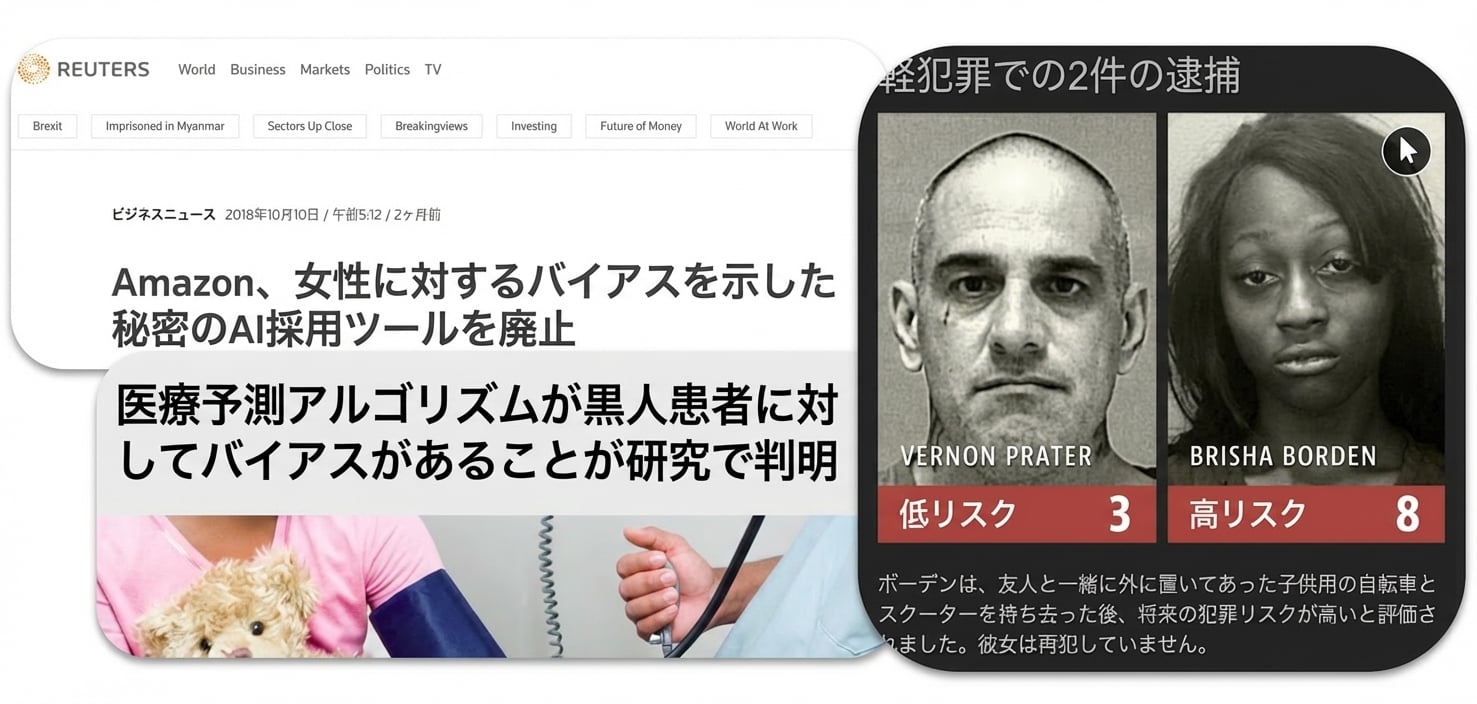 AIアルゴリズムの差別に関するニュースのコラージュ