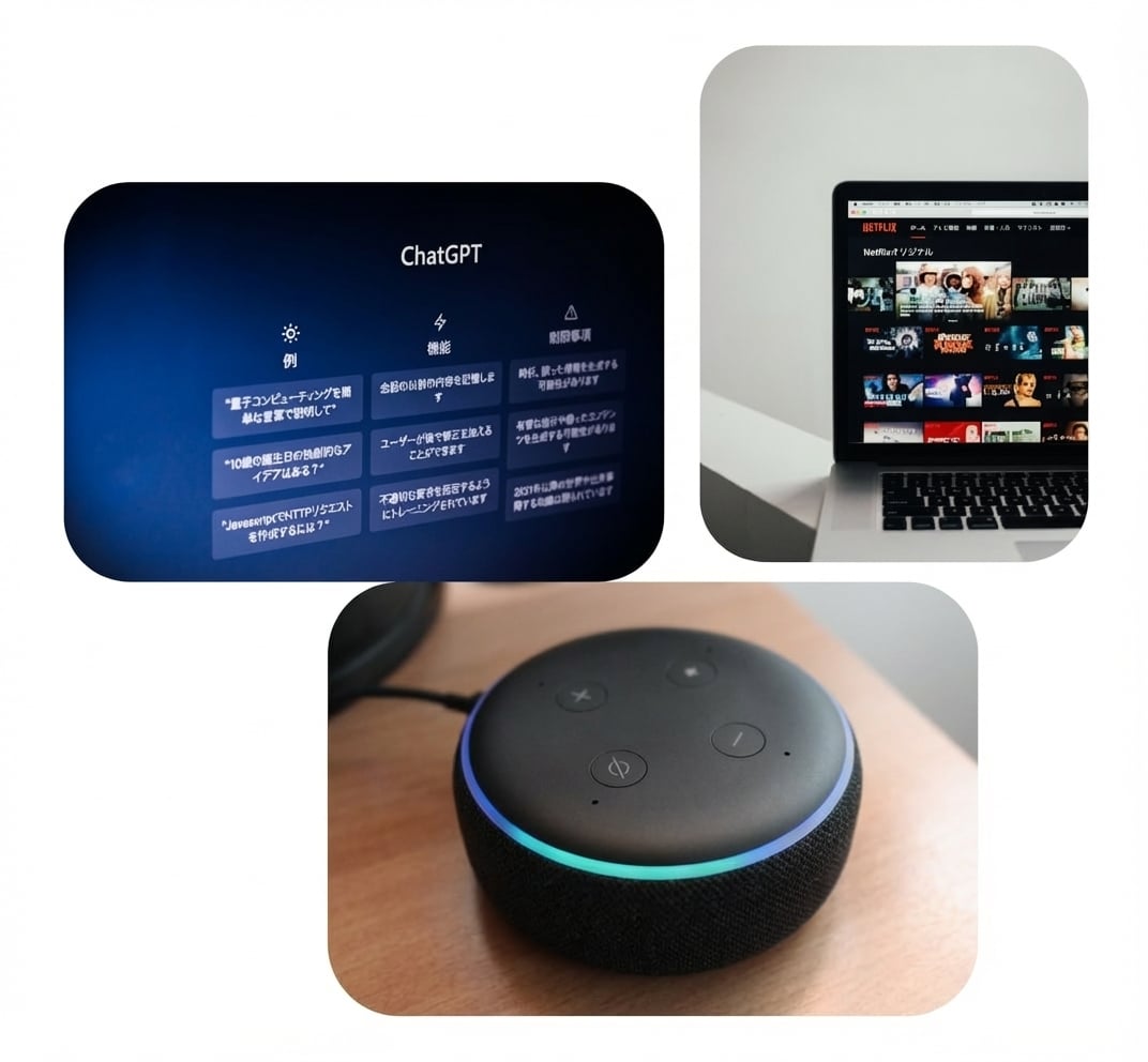 音声アシスタント端末、ChatGPT画面、Netflixホームのコラージュ。
