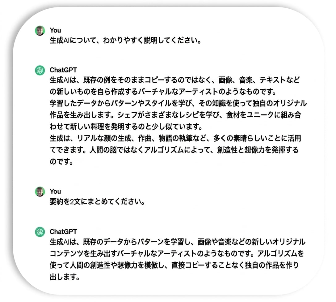 A two-sentence explanation of generative AI produced by ChatGPT.