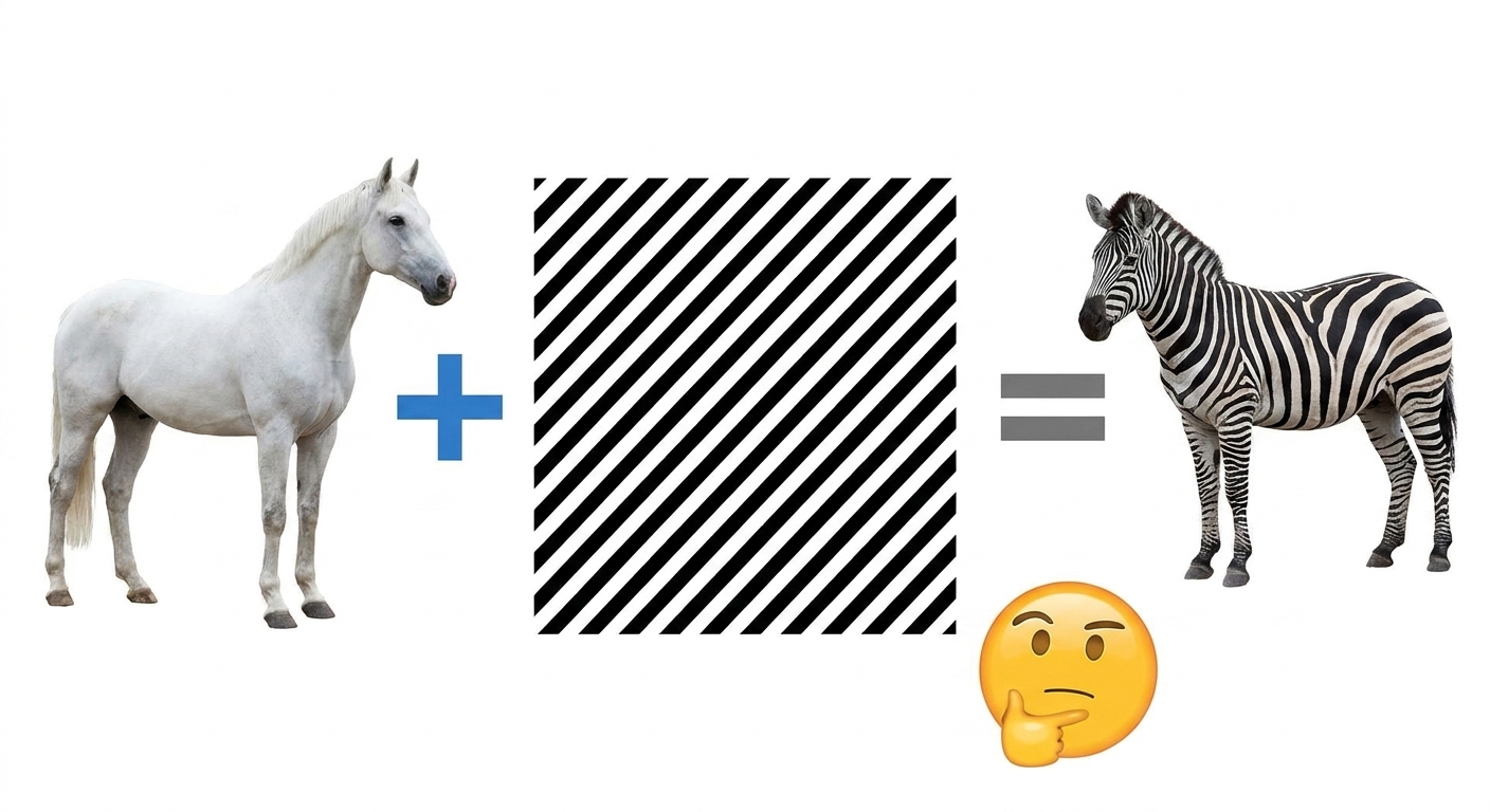 馬と縞模様を別々に学習させることで、モデルがシマウマを識別できるようになる様子を示す画像。