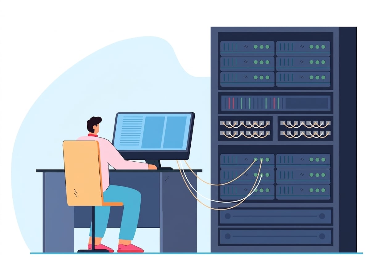 大きなサーバーに接続されたコンピューターで作業する男性