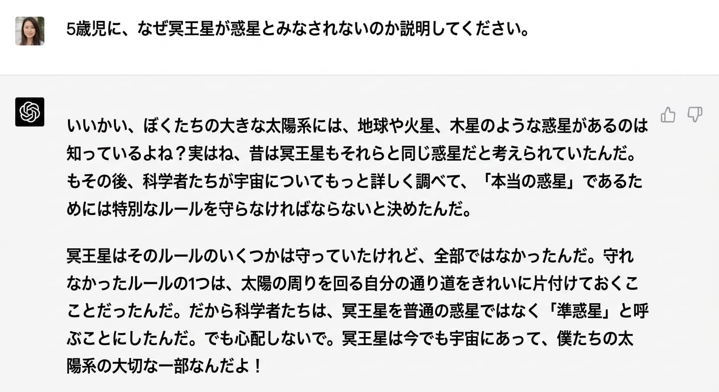 5歳児でもわかるようになぜ冥王星が太陽系の一部ではないのかを説明するサンプルチャット。
