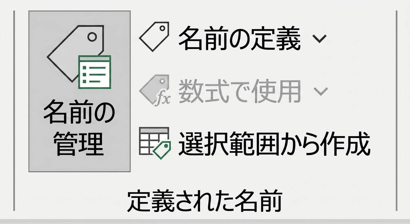 Excel でセル範囲に名前を付ける機能を示す画像。