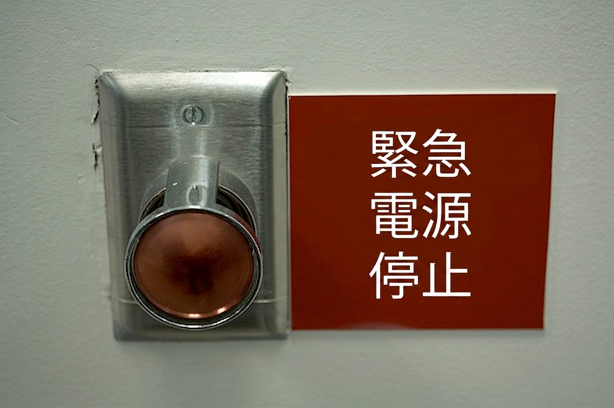 「緊急電源オフ」の標識が付いた大きな赤いボタンの画像