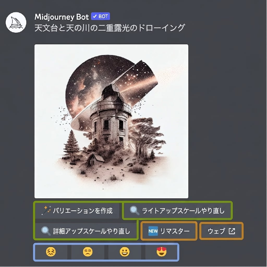 Midjourney の UI のスクリーンショット。画像結果を評価するためのオプションが表示されている。