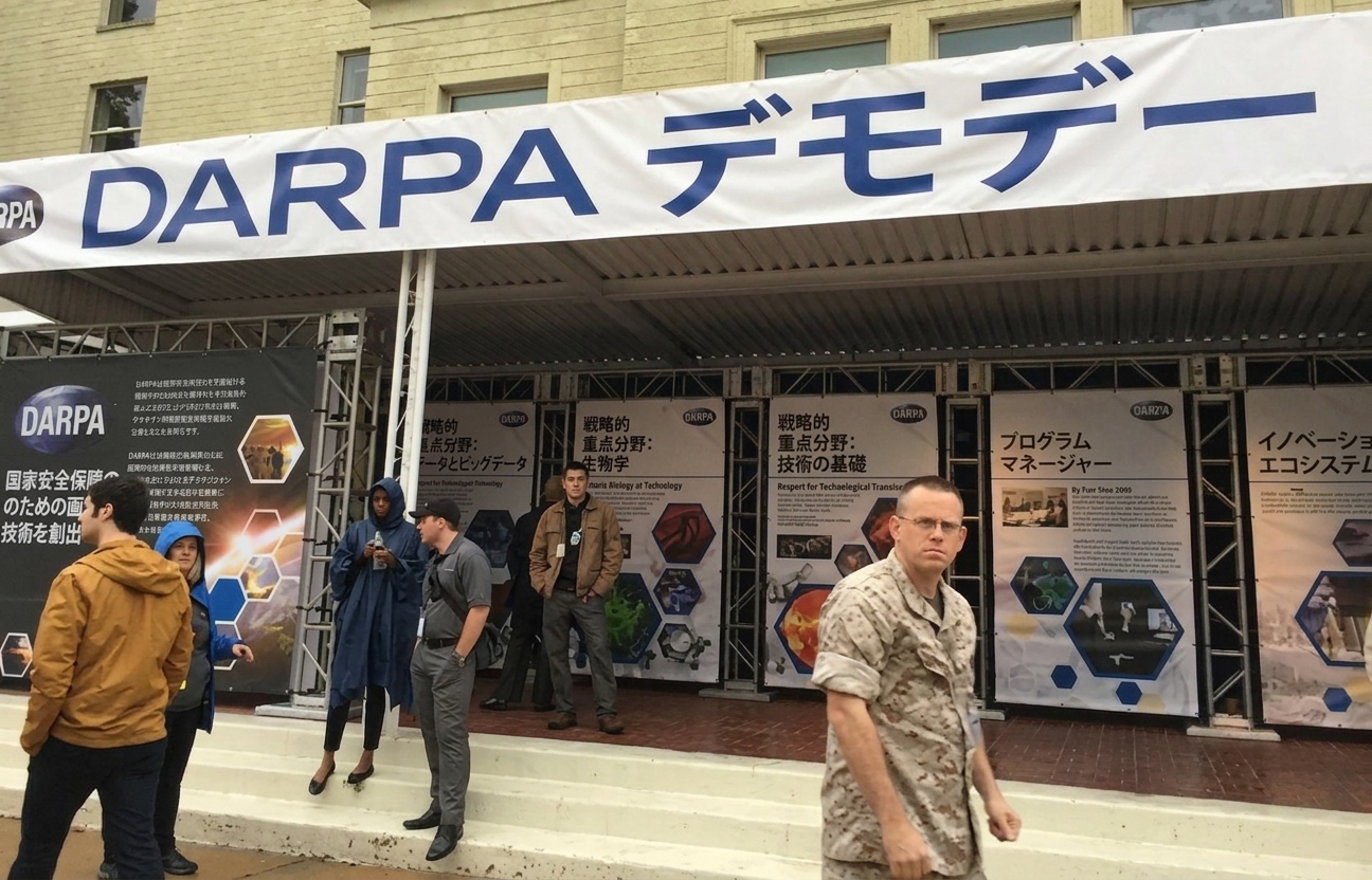 DARPA Demo Day と書かれたバナーが掲げられた会議展示ブースの画像