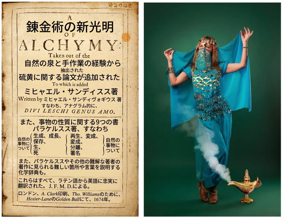 錬金術の写本と、魔法のランプから現れる精霊の画像