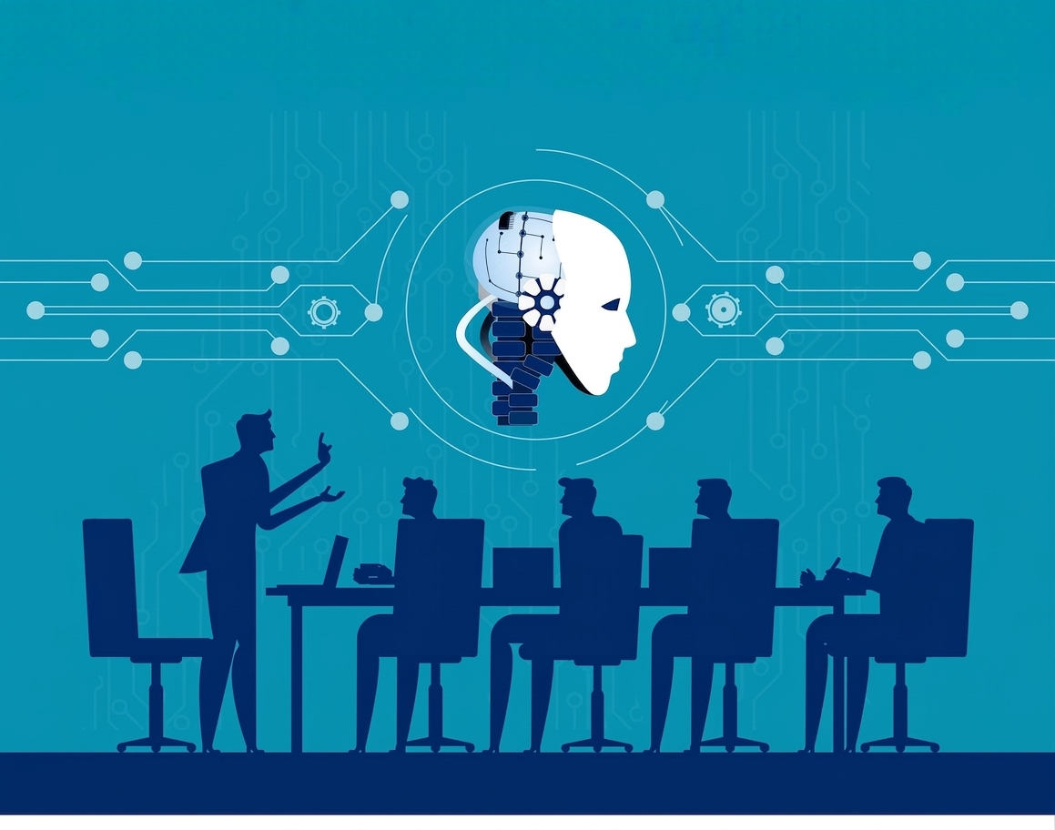 会議で AI に対する懸念を示す人たちのイラスト