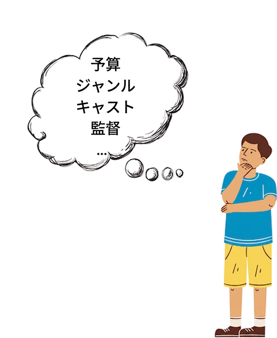 予算、ジャンル、キャスト、監督などの要素について考えている人物