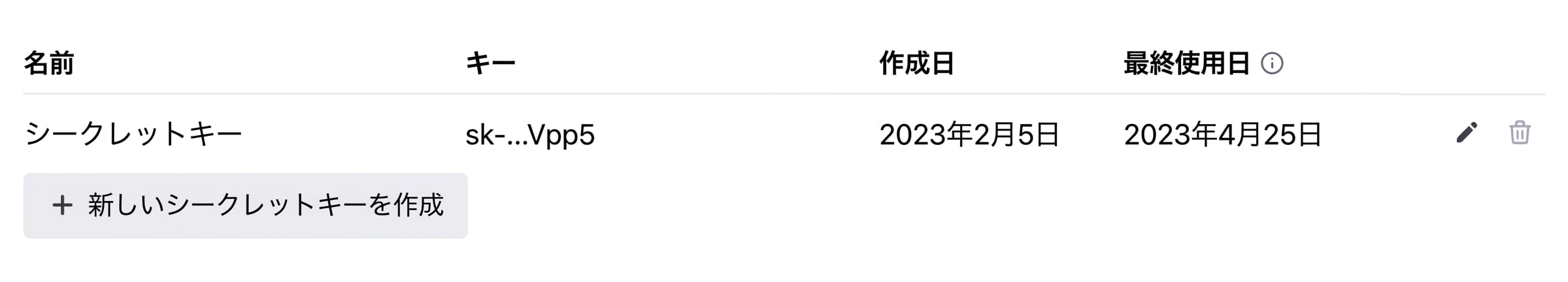 新しいシークレットキーを作成するボタン。