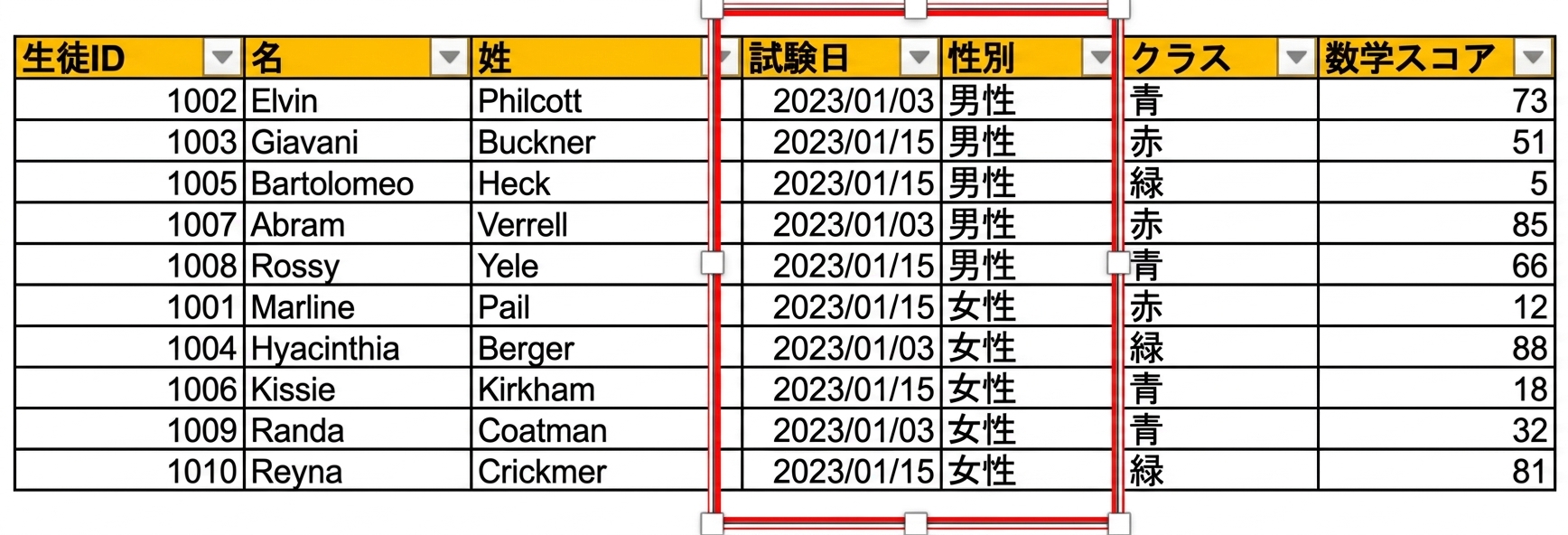 Excel内に手動入力された学生のテストデータの表の例。日付列 test_date が強調表示されている