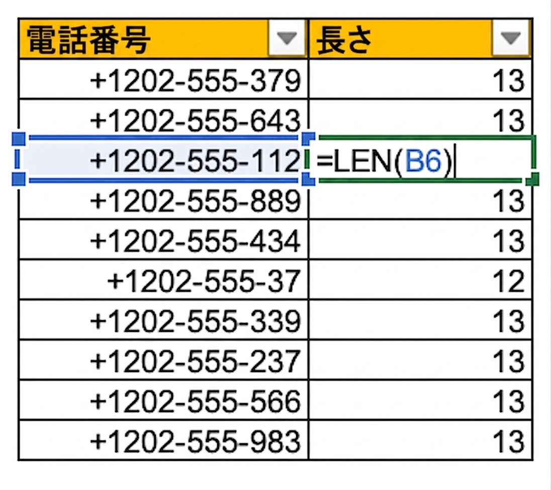 Excelの表を示す画像。1列に電話番号があり、LEN関数を使って入力された電話番号の値の長さを数え、確認している