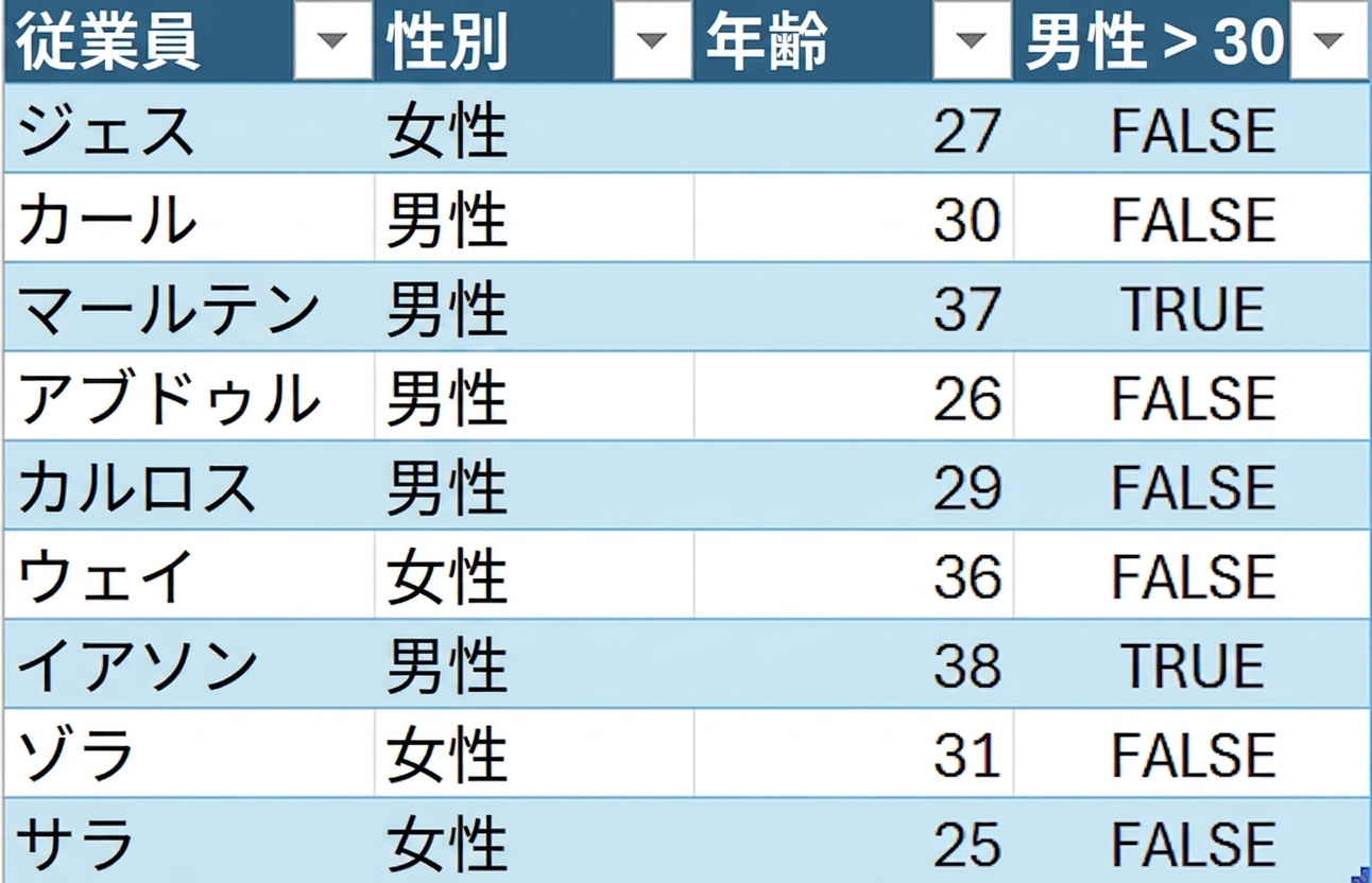 DataCo の人事サンプル表。従業員の名前、性別、年齢、および条件式で作成された列が表示されています。