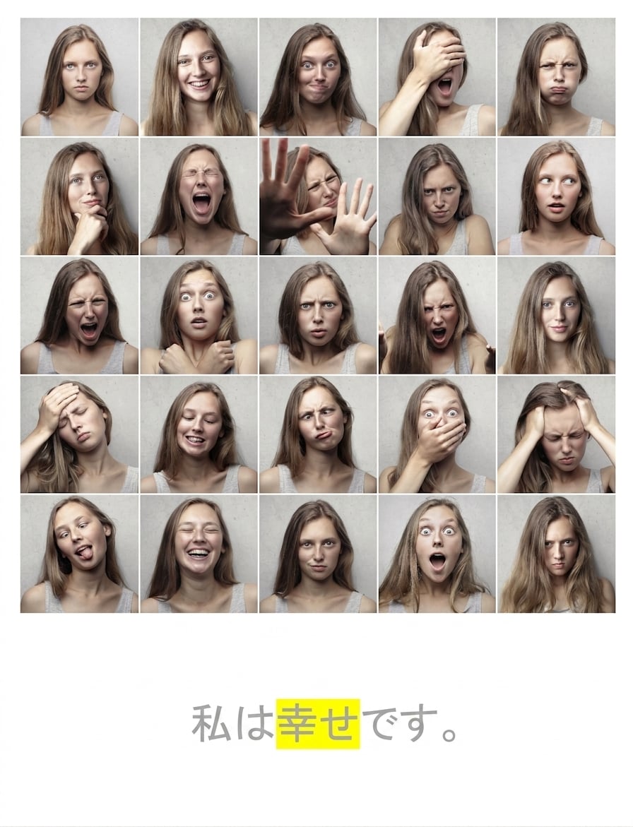 一連の感情と「私は幸せです」という文、「幸せ」という単語を強調。