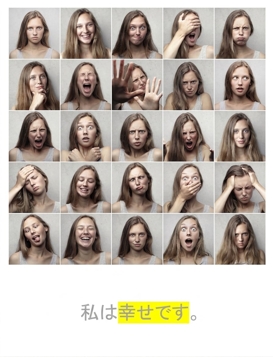 感情の表情と「I am happy」の文で「happy」がハイライトされた画像。